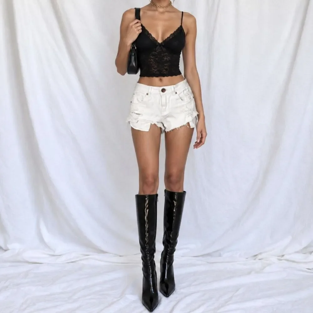 Vintage Y2K 90s White High Waisted Distressed Destroyed Denim Shorts Size XS/S